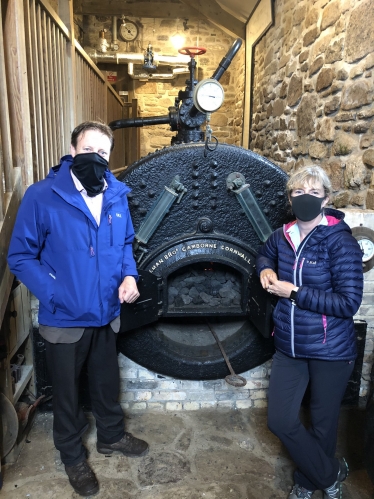 Derek and Hilary with the beam engine at Levant Mine